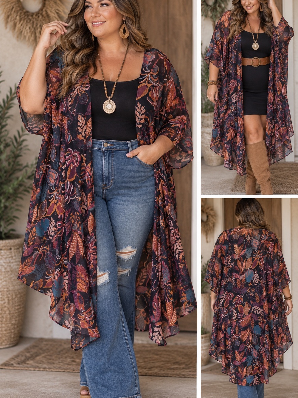 torrid Sheer Floral Leaf Kimono in Rust, Teal & blue